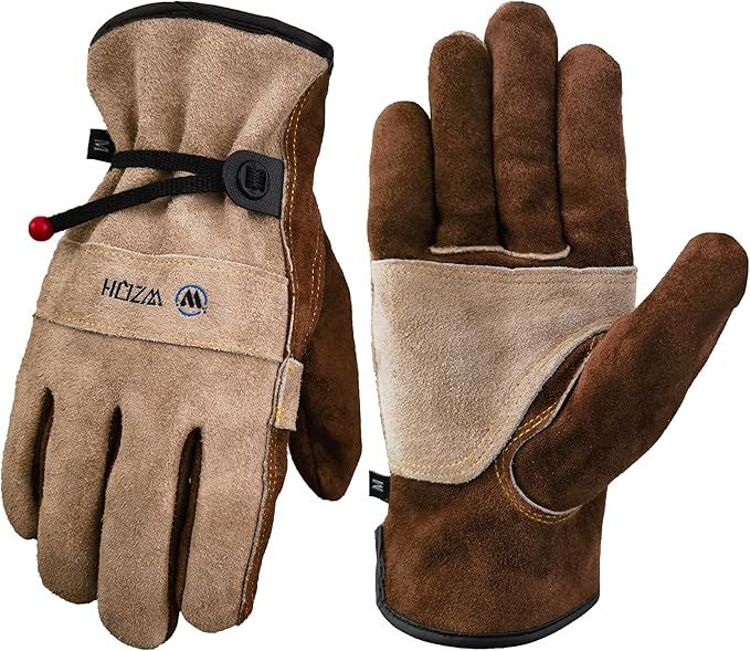 A pair of brown gloves with the word forza on them