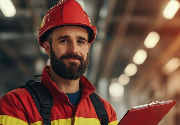 A fireman with a beard is wearing a hard hat and holding a clipboard.