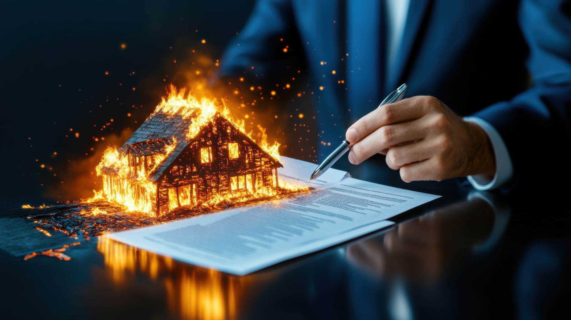 A burning house on top of a contract being signed by an individual in a suit