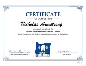 A certificate of completion for nicholas armstrong from oregon