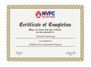 A certificate of completion for a fire assessment program