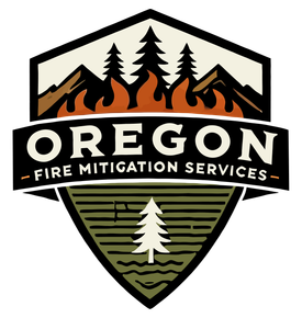 The logo for oregon fire mitigation services is a shield with mountains and trees on it.