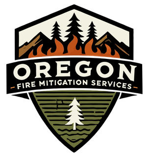 The logo for oregon fire mitigation services is a shield with mountains and trees on it.