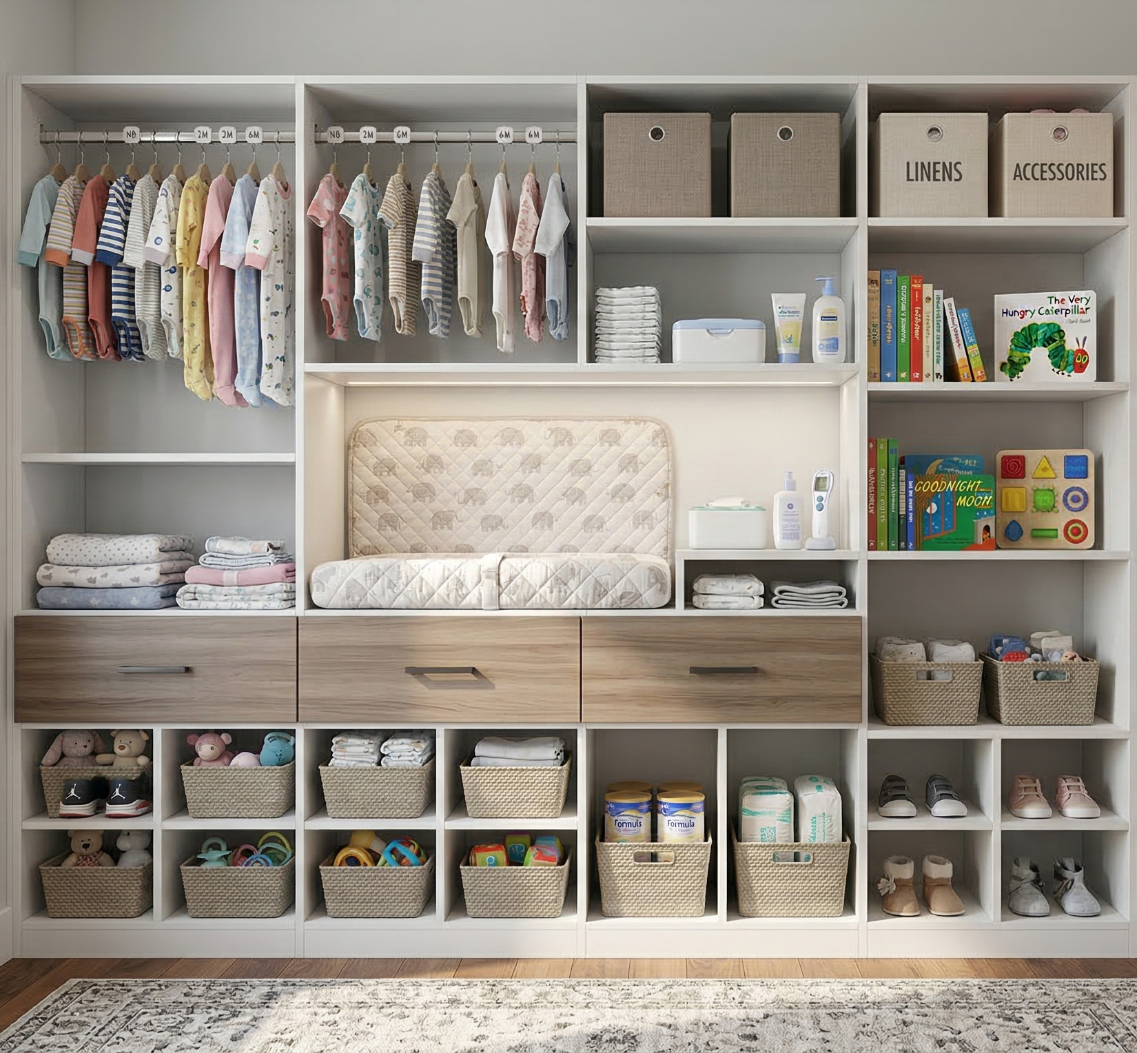 White kitchen cabinets with shelves, storing food items, wine bottles, and a red mixer, next to a wood-topped island.