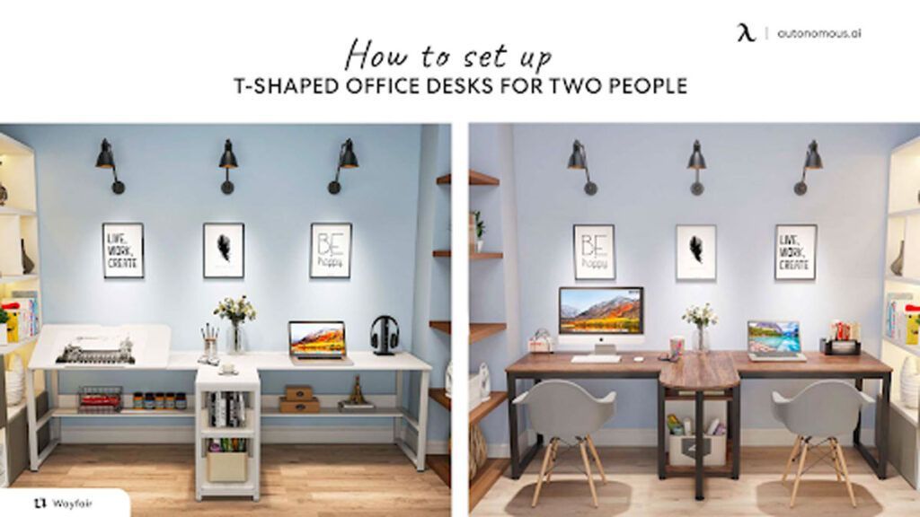 Two side-by-side examples of a T-shaped office desk setup for two, showing light and dark wood desk designs in a room.