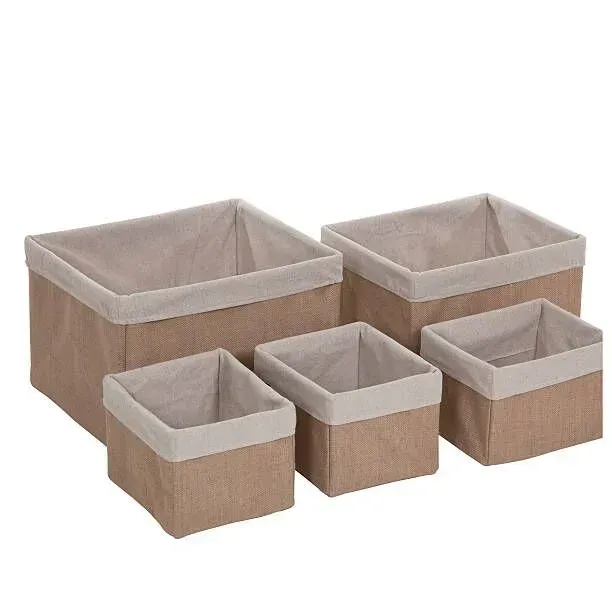 A set of five rectangular fabric storage baskets in a neutral tan color with light beige fabric lining.