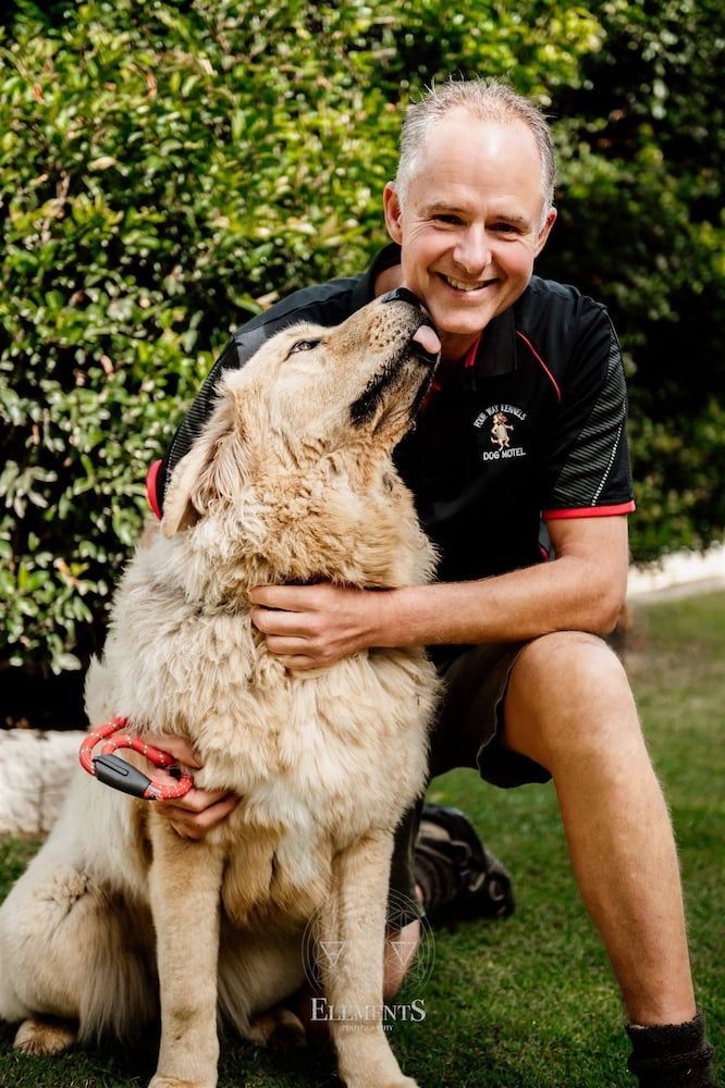 Man Kneeling on Grass, Hugging Large Fluffy Dog With Tongue Out — Four Way Kennels & Canine Wellness Centre in Kinkuna, QLD