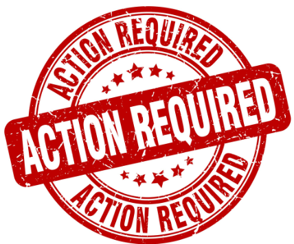 Red “ACTION REQUIRED” stamp with distressed text and circular seal.