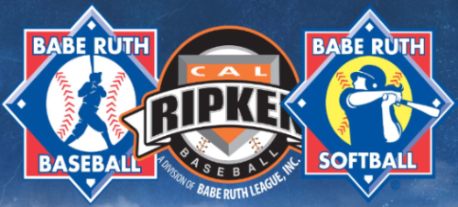 Babe Ruth League baseball and softball logos flanking the Cal Ripken Baseball emblem on blue background