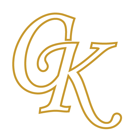 Gold outlined GK monogram logo on a white background