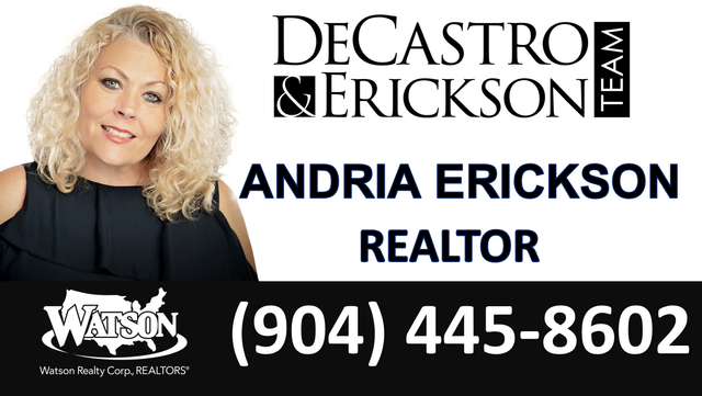 Andrea Erickson realtor ad with portrait, DeCastro & Erickson Team, Watson Realty, and phone number (904) 445-8602