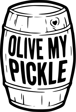 Black-and-white barrel graphic with bold text reading “OLIVE MY PICKLE”