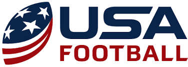 USA Football logo with stylized red, white, and blue football icon and blue-red text