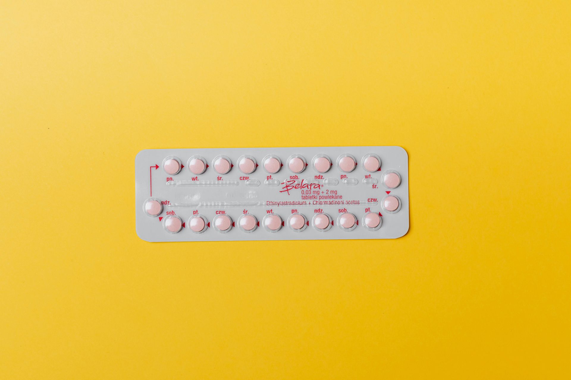 A pack of birth control pills on a yellow background.