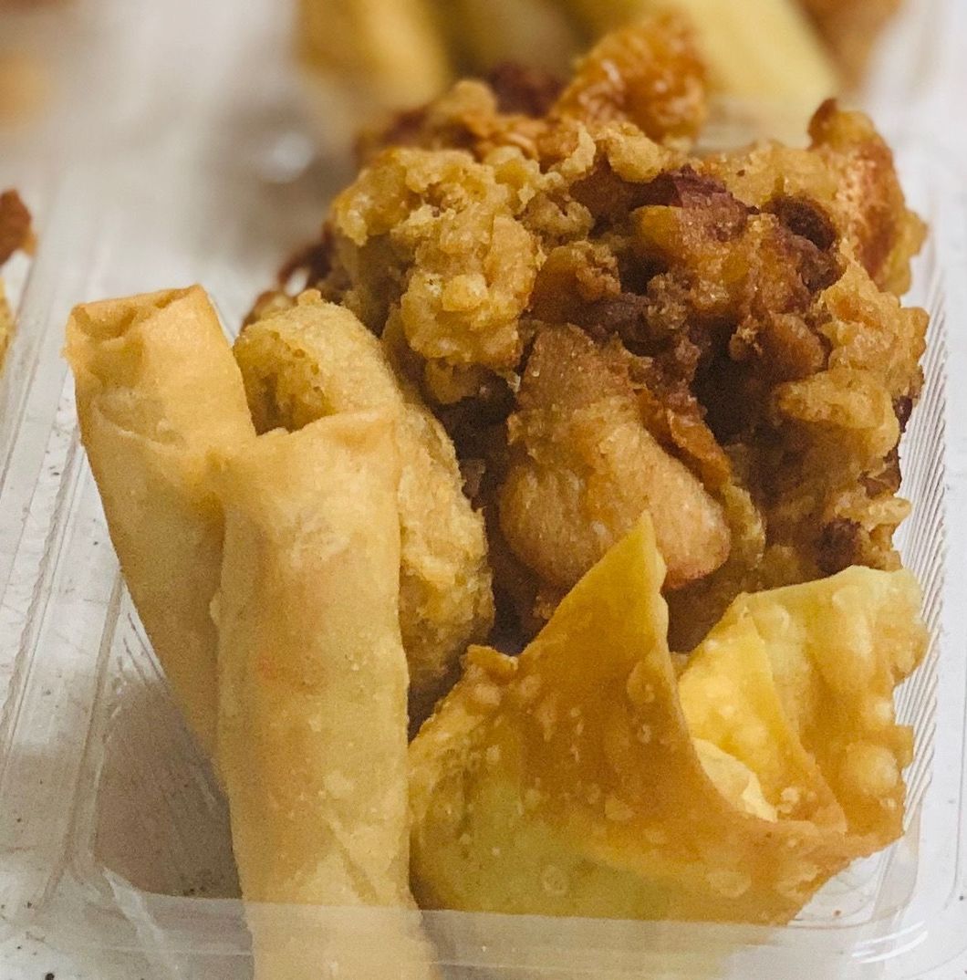 A plastic container filled with fried food including egg rolls and wonton wrappers