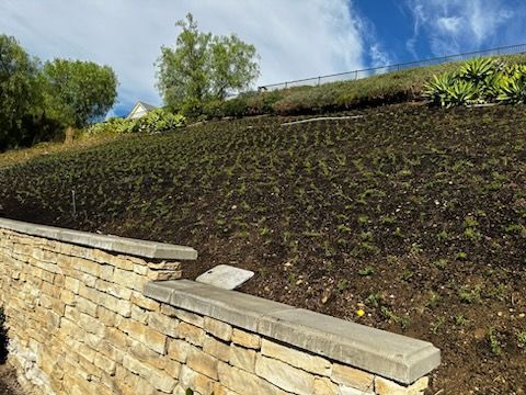 A stone wall surrounds a lush green hillside.