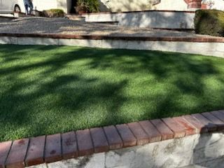 A lush green lawn is surrounded by bricks and a brick wall.