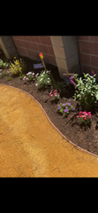 A garden with flowers and a brick wall in the background.