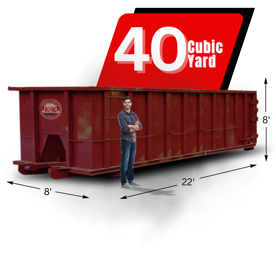K&K Dumpster with man in front of it.