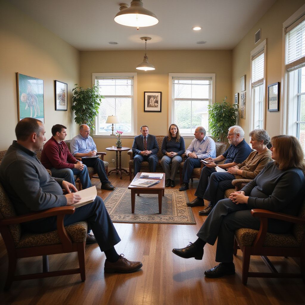 People seated in a circle in a well-lit room, engaged in discussion.