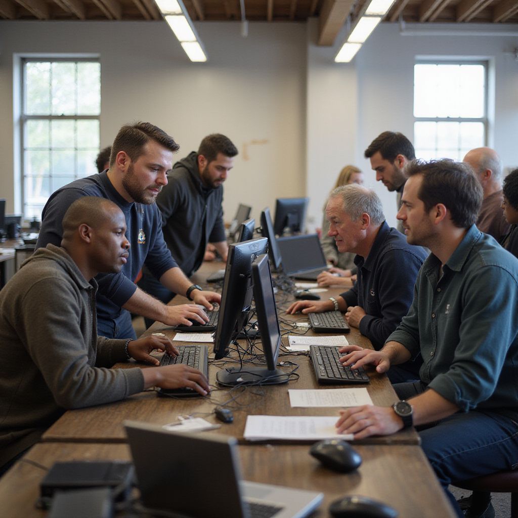 People working on computers at a long table in a brightly lit office.