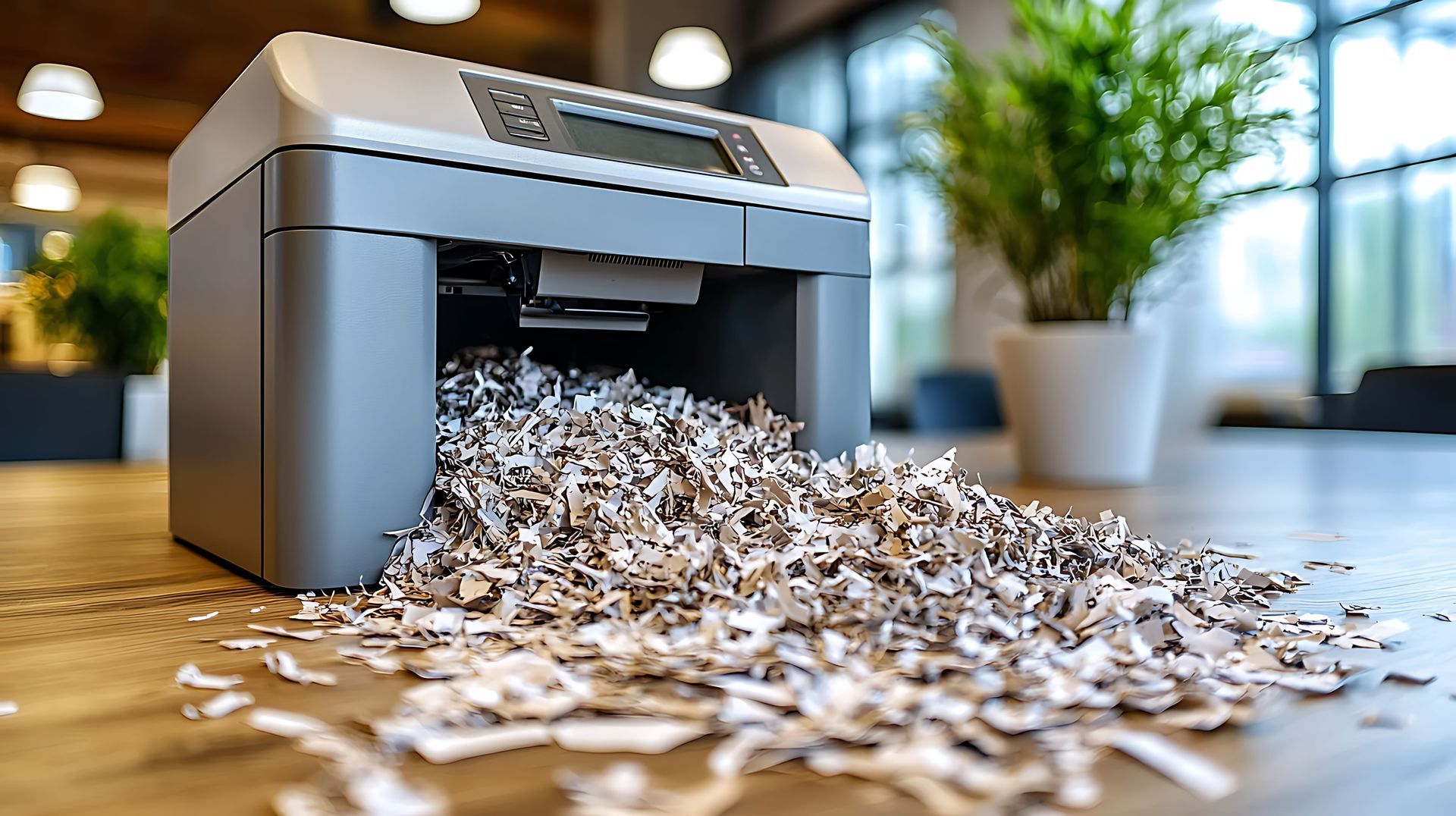 A paper shredder overflowing with shredded paper on a wooden desk in an office.