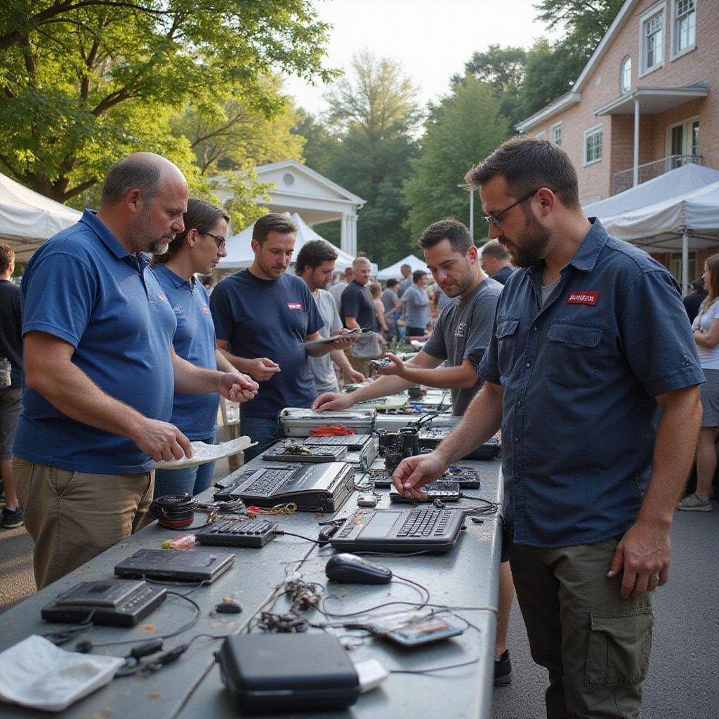 People gather around a table examining electronic equipment outdoors. Several are wearing blue shirts.