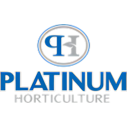 The logo for platinum horticulture is blue and white.