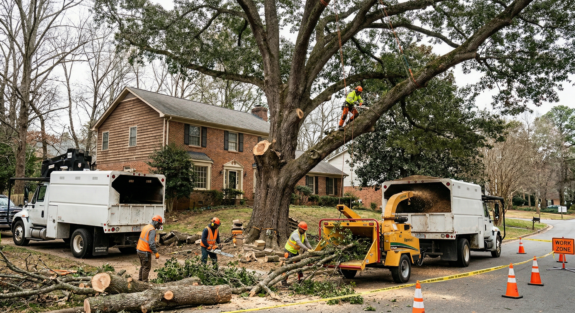 Three arborists work in a residential yard, trimming a large tree with a wood chipper and trucks nearby.