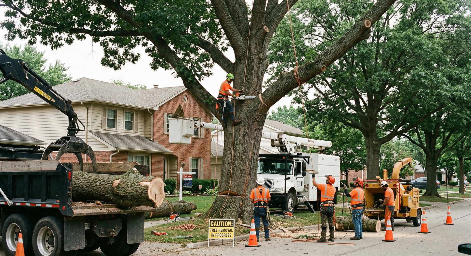 A crew in high-visibility gear cuts branches from a large tree in front of a residential house using cranes and a chipper.