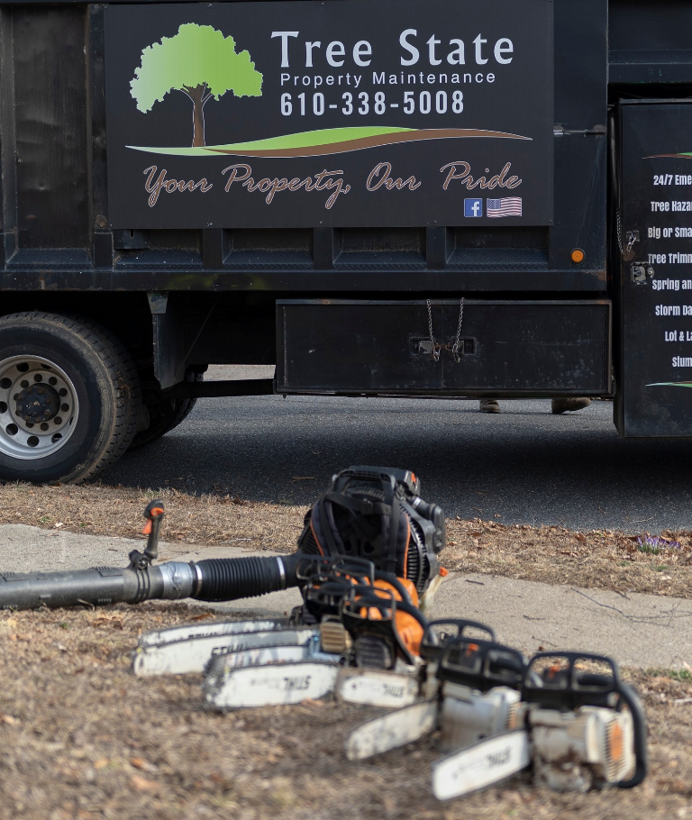 A tree state truck is parked on the side of the road