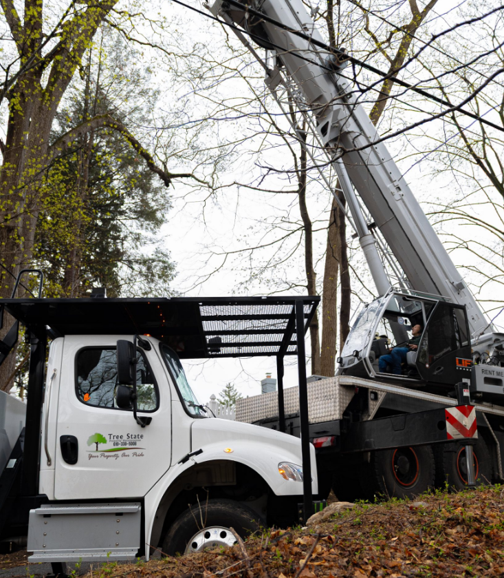 A white truck with a crane on top of it is parked on a hill.