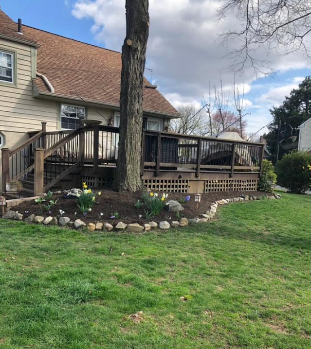 A house with a deck and a tree in front of it