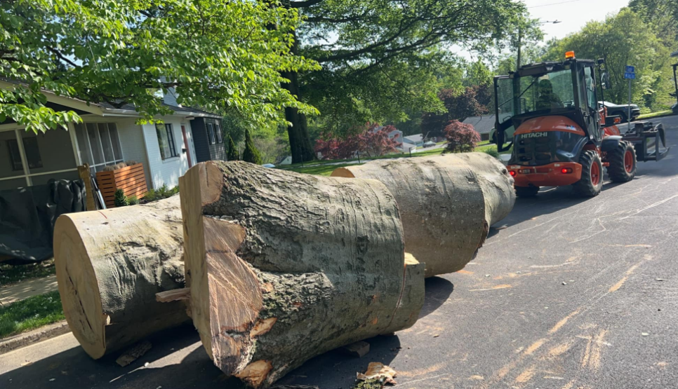 A large log is sitting on the side of the road next to a tractor.
