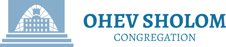 A blue and white logo for ohev sholom congregation