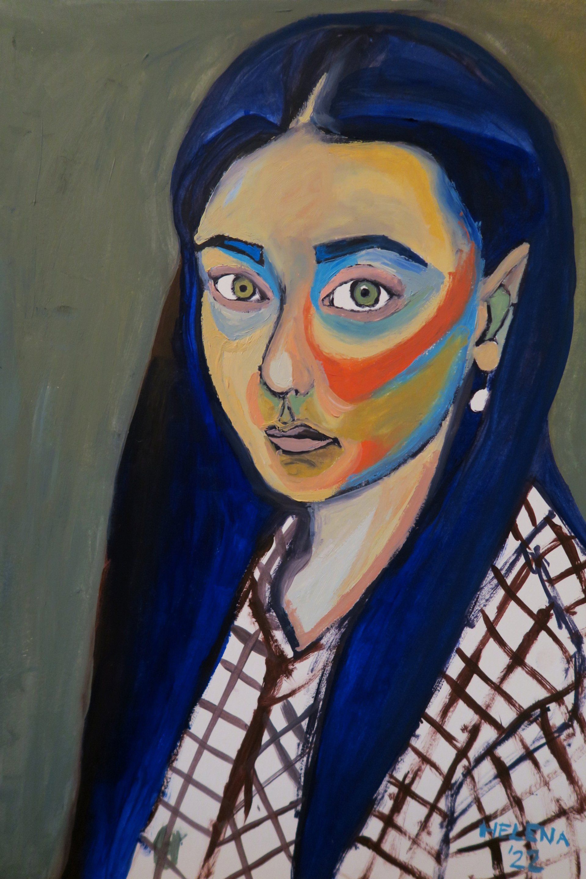 A colorful painting of a woman with a plaid shirt