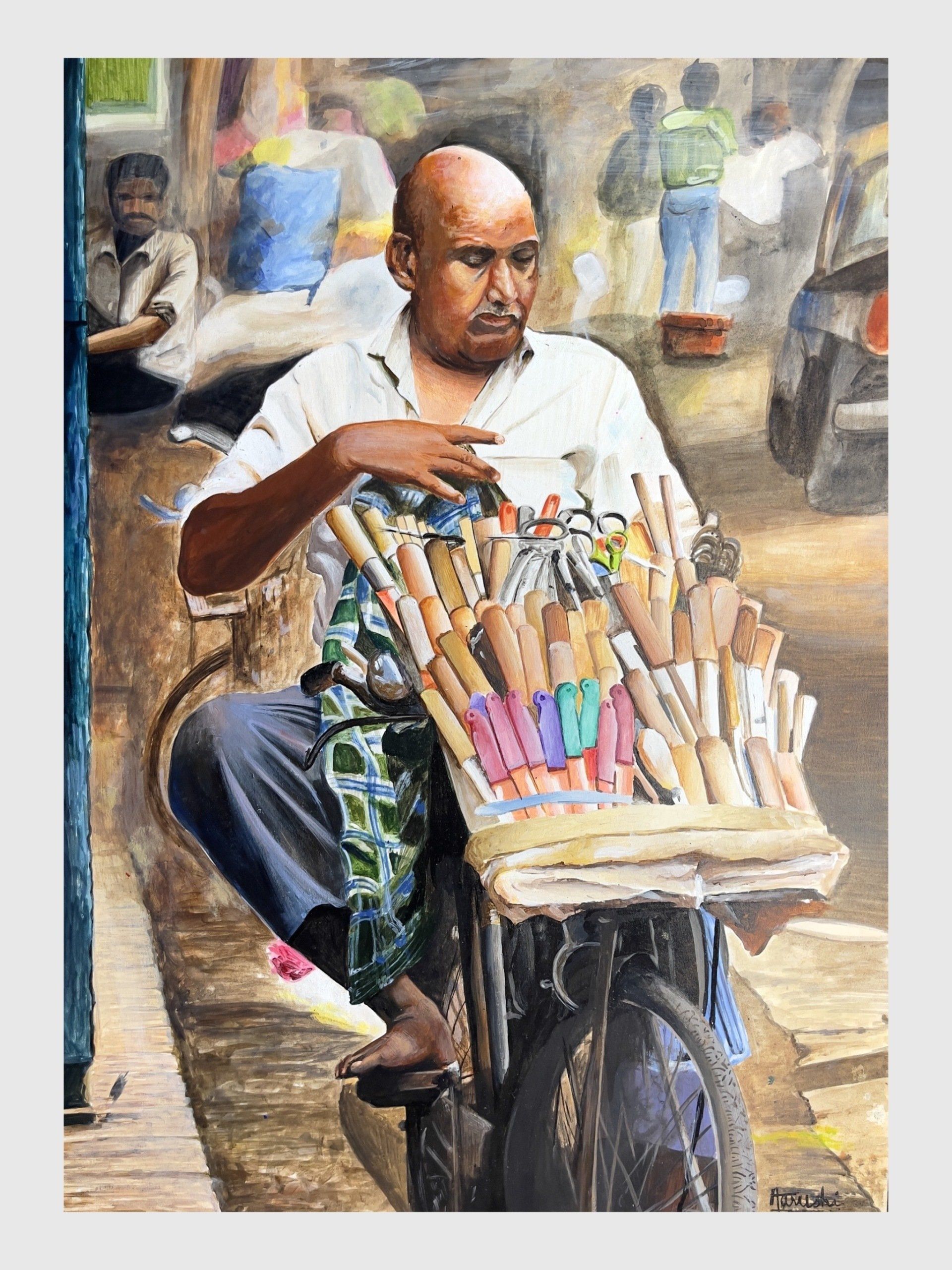 A painting of a man riding a bicycle with a cart full of tools