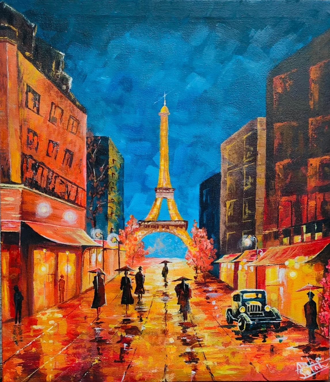 A painting of people walking in front of the eiffel tower