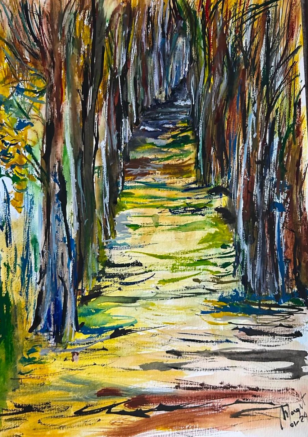 A colorful painting of a path through a forest