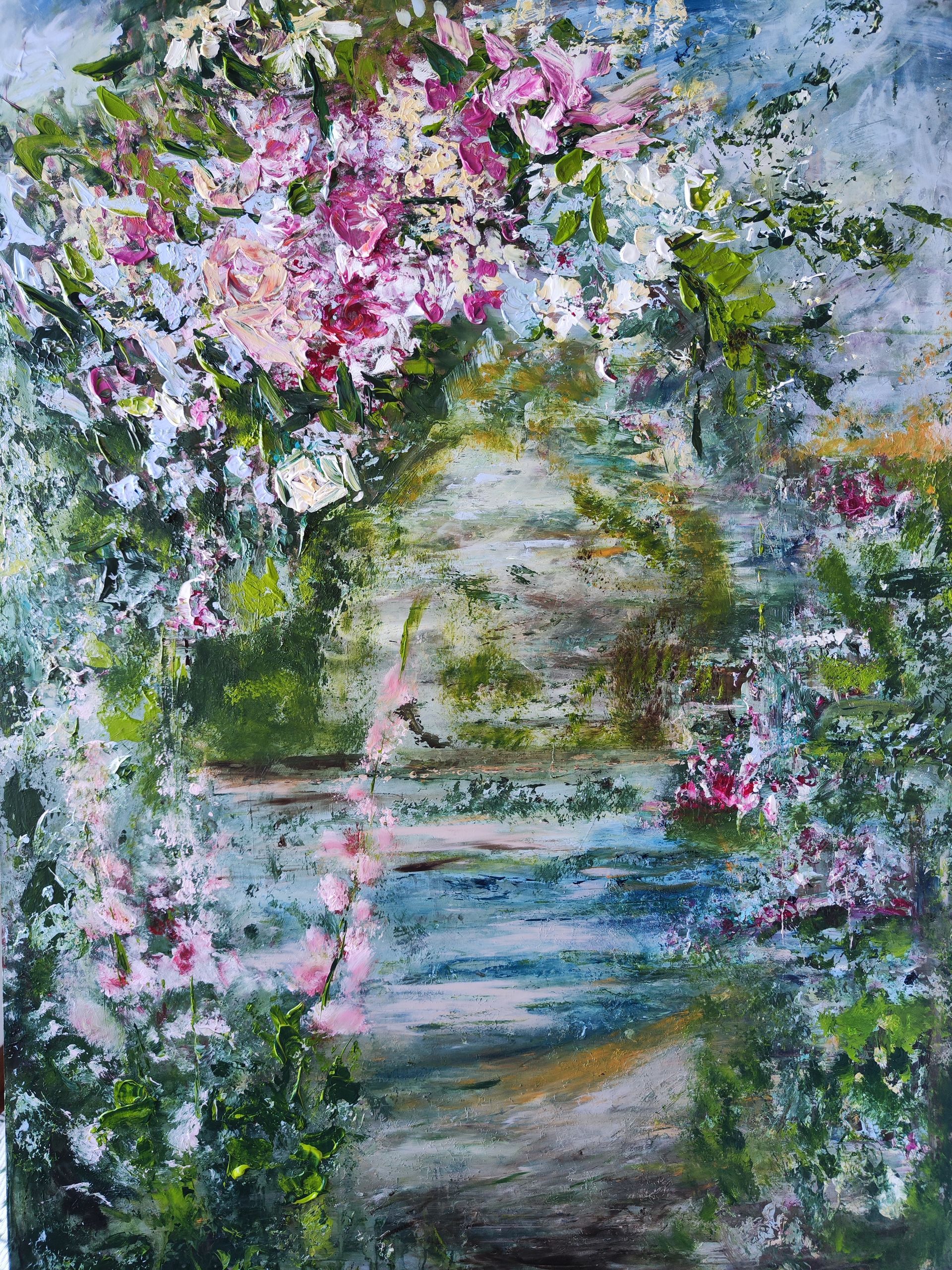A painting of a bridge surrounded by pink and white flowers