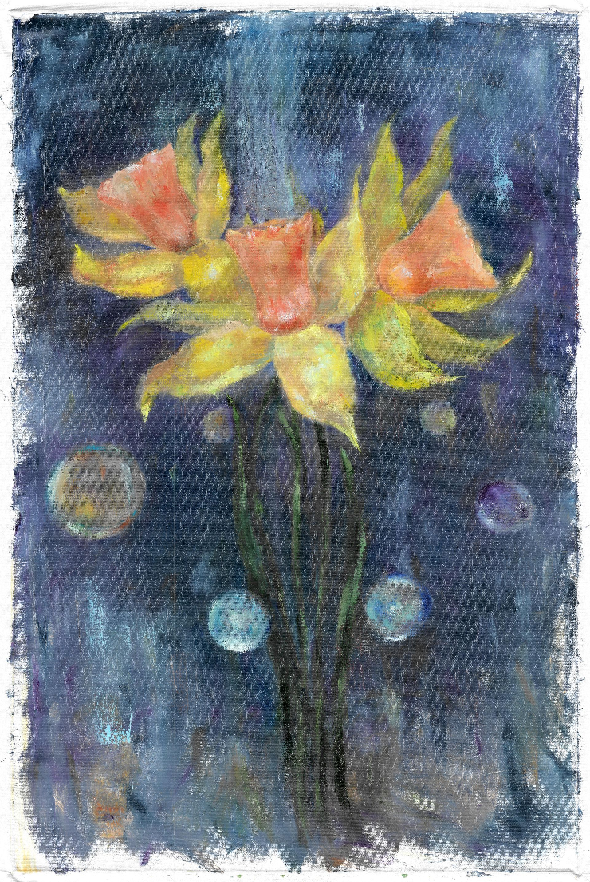 A painting of yellow and orange flowers on a dark background