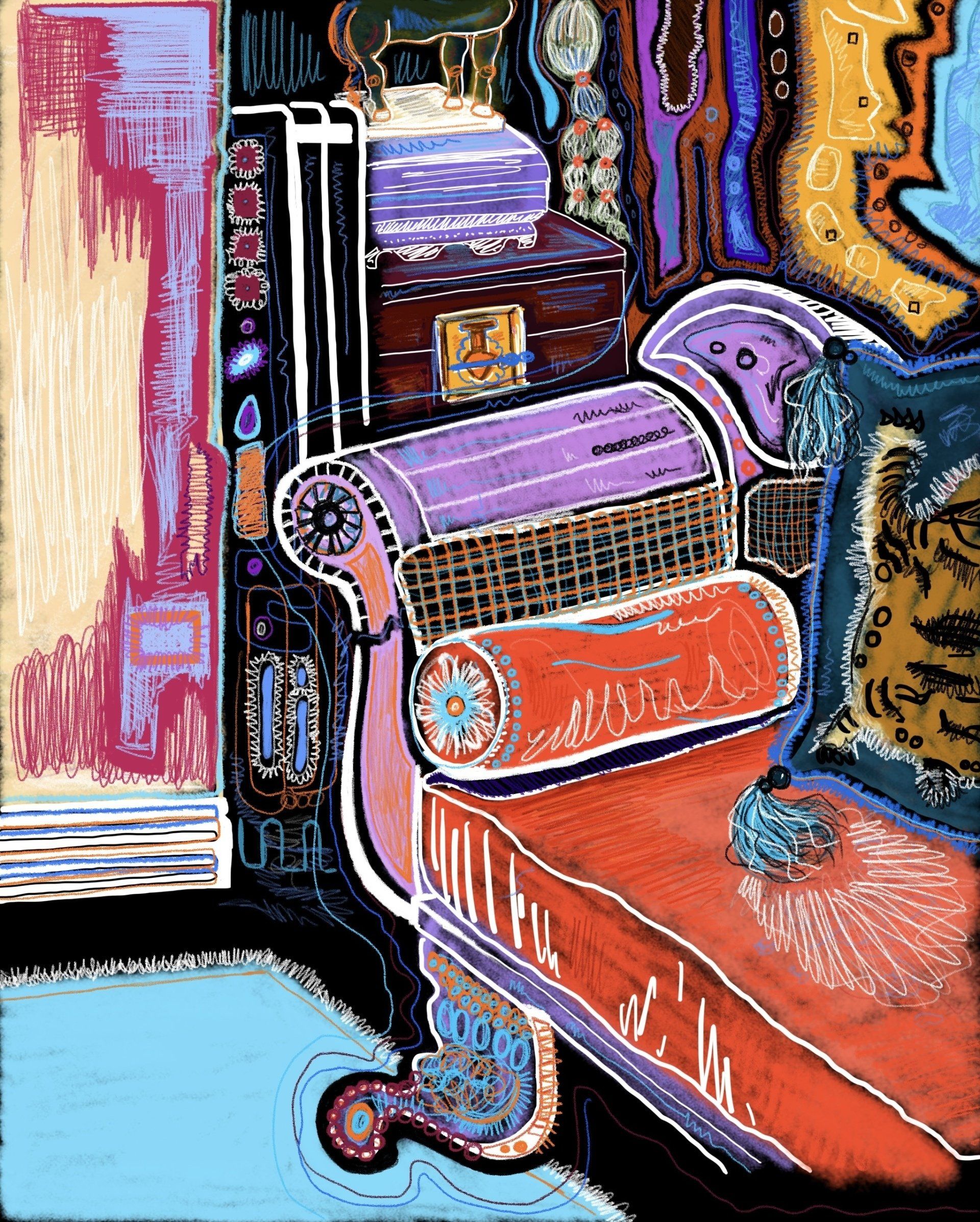 A colorful painting of a couch and a trunk