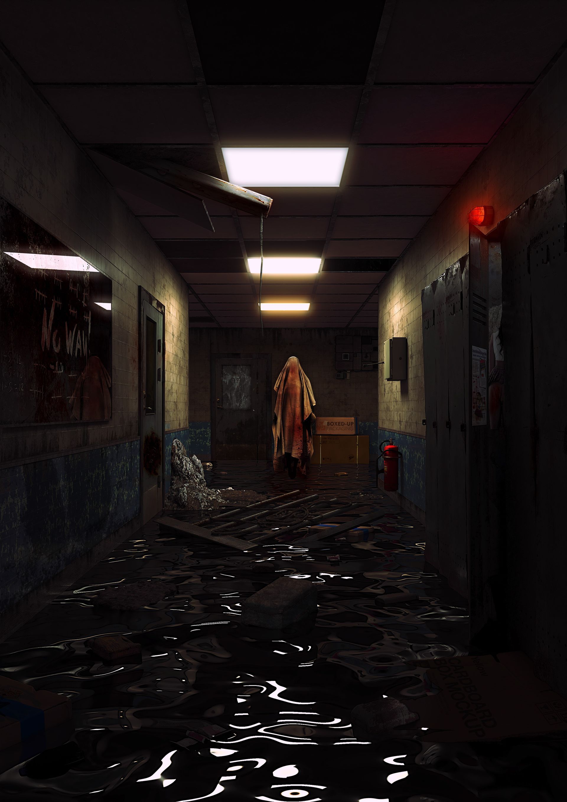 A dark hallway with a sign that says alfa on it