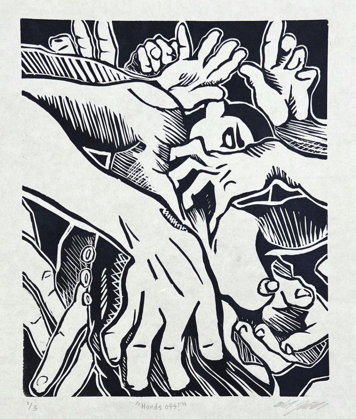 A black and white drawing of a group of people 's hands