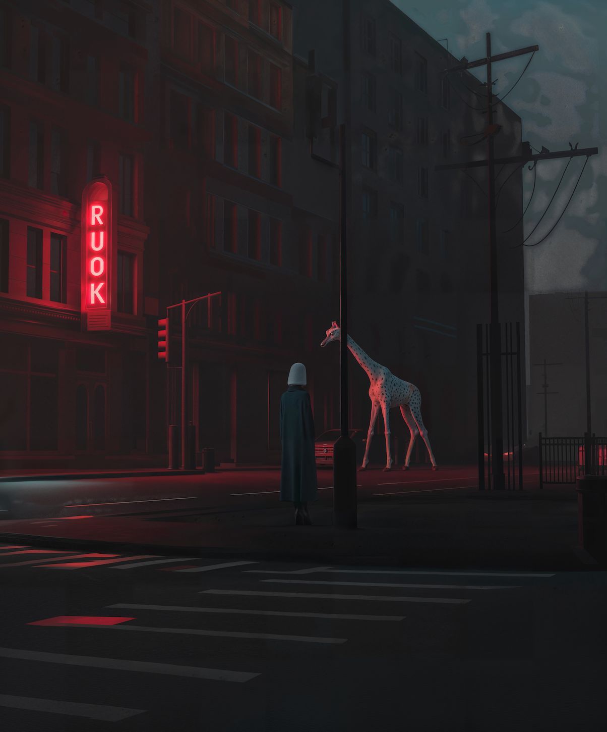 A giraffe is standing in front of a building that says ruok