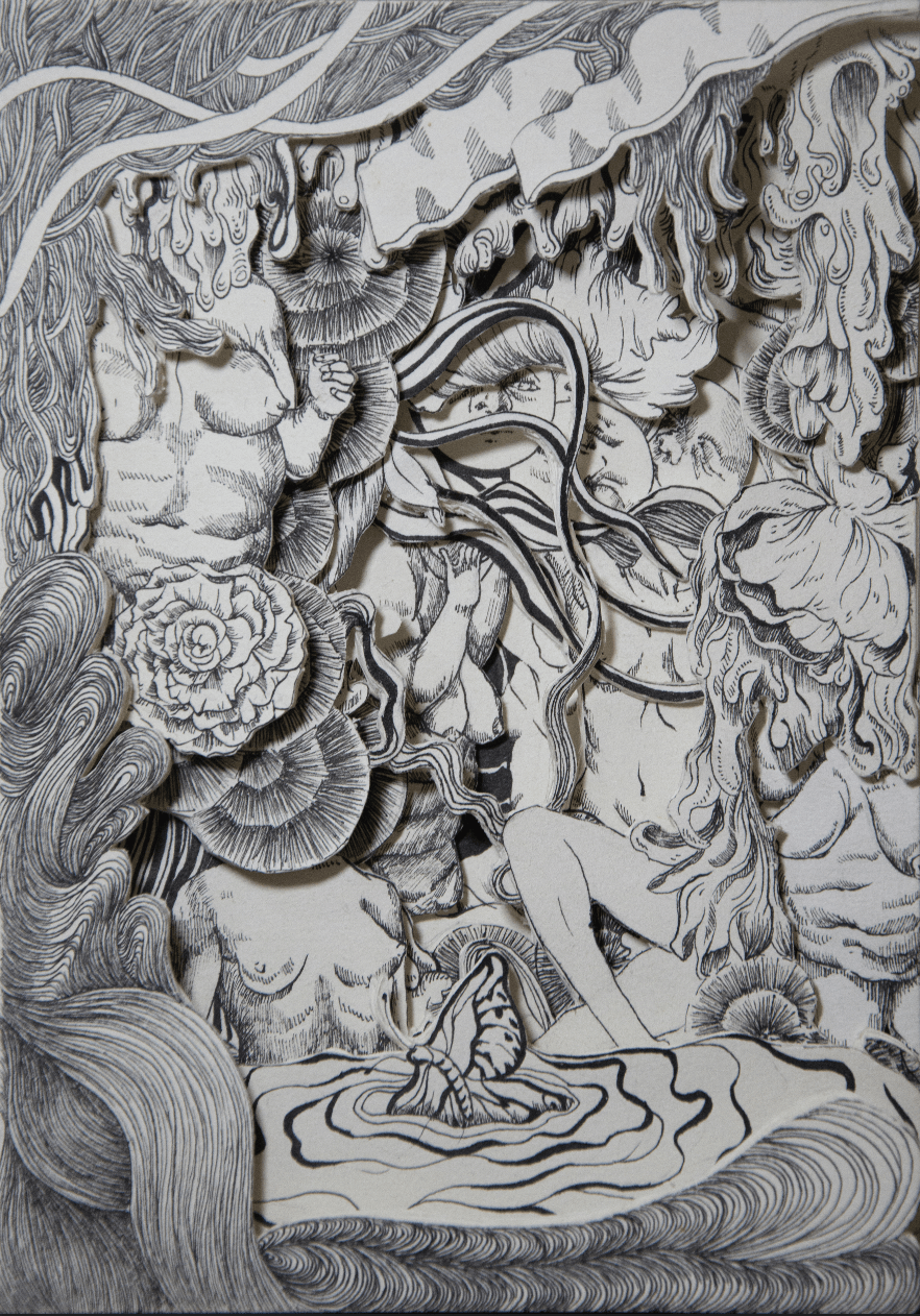 A black and white drawing of a man and woman in a cave