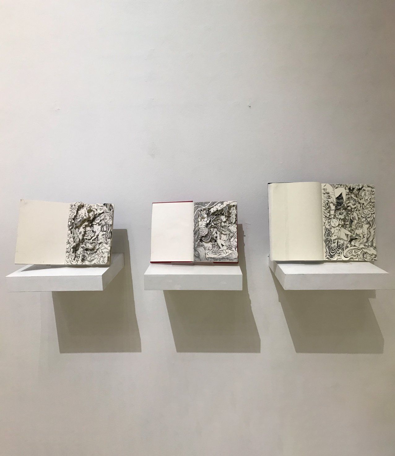 Three books are sitting on white shelves on a wall.