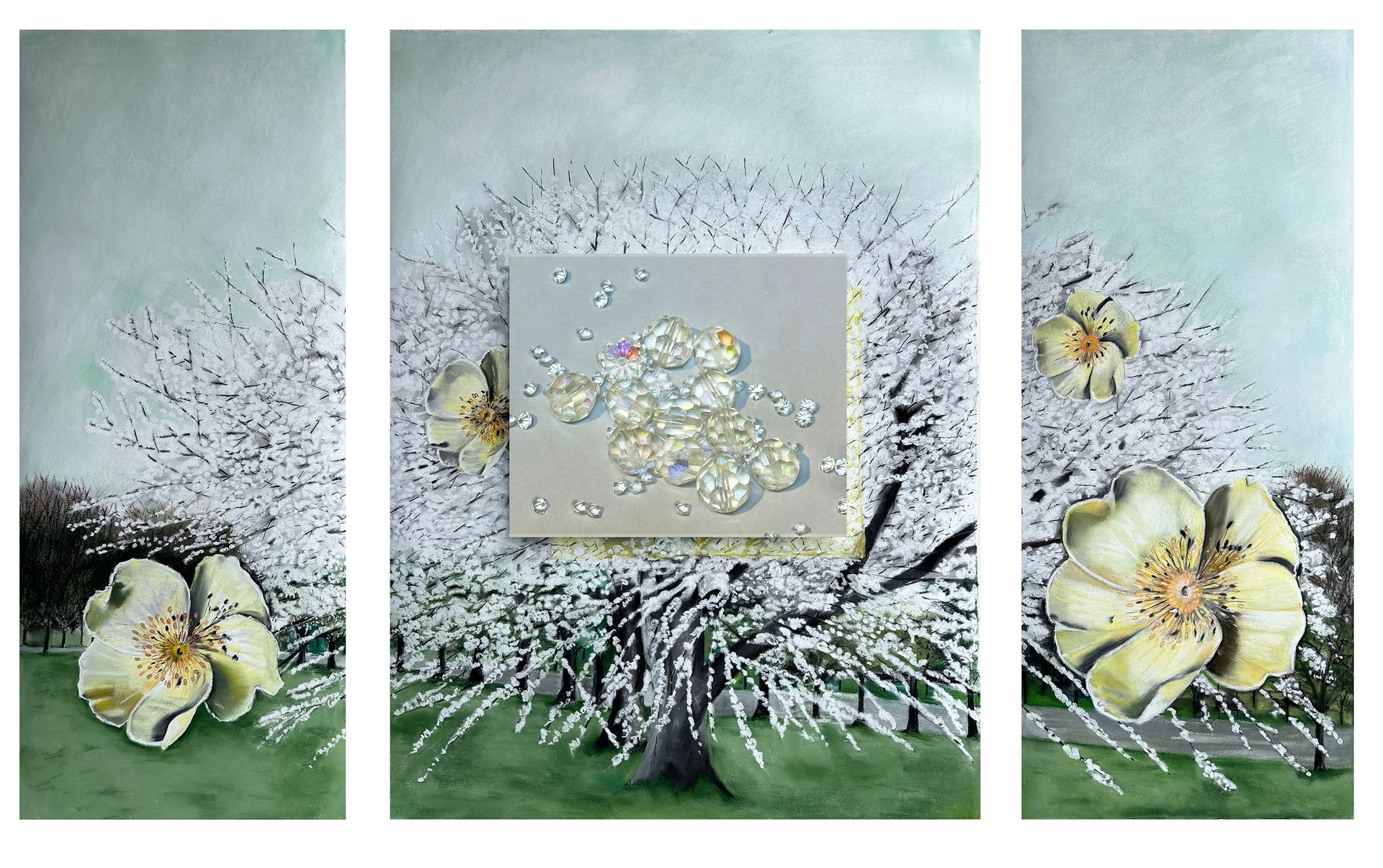 A painting of a tree with white flowers on it