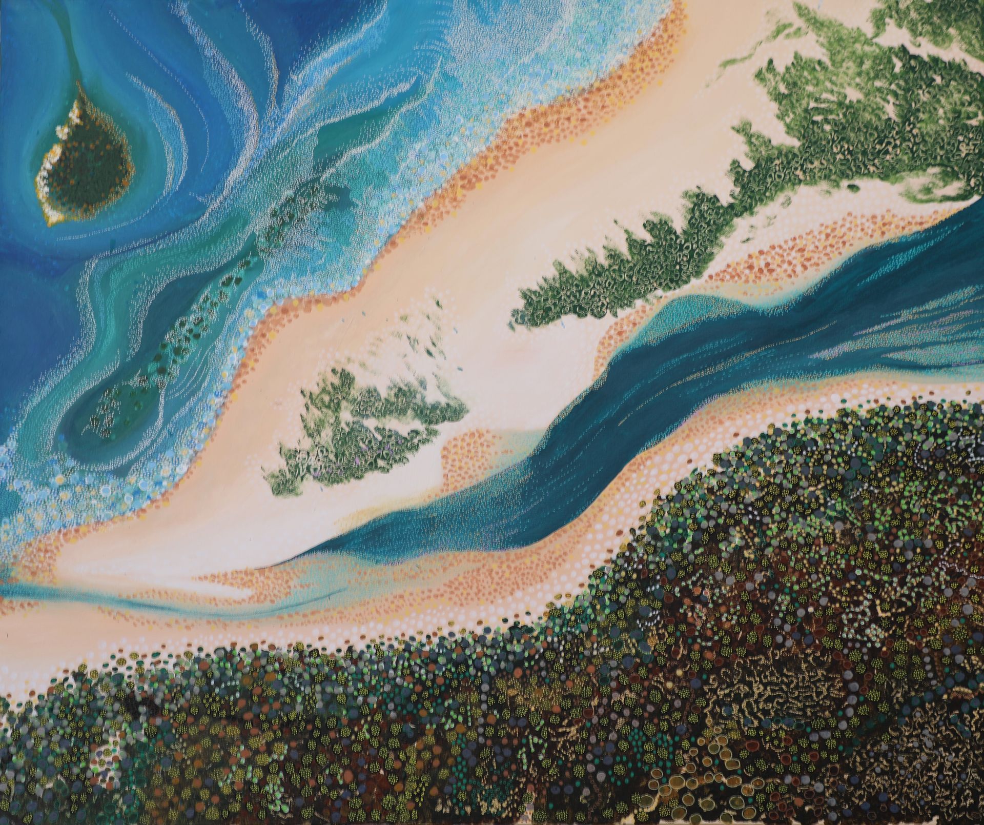A painting of a beach with trees and a river