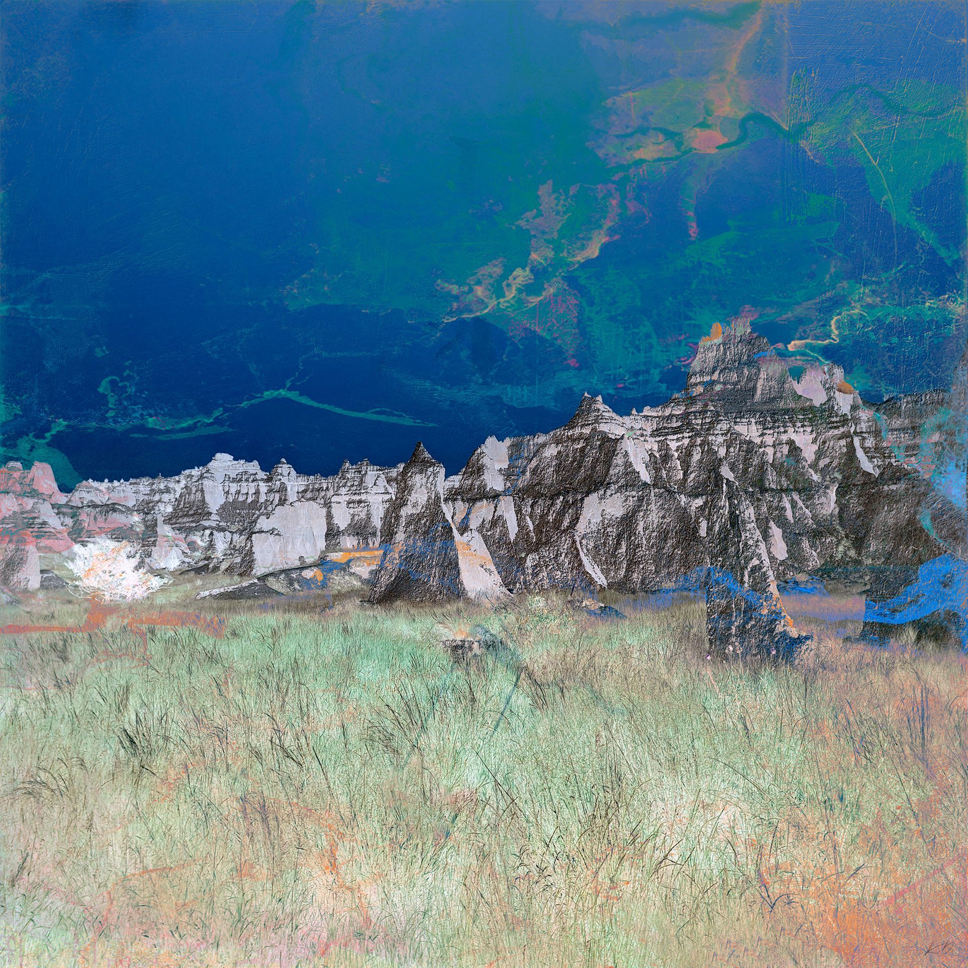 A painting of a mountain landscape with a lake in the background